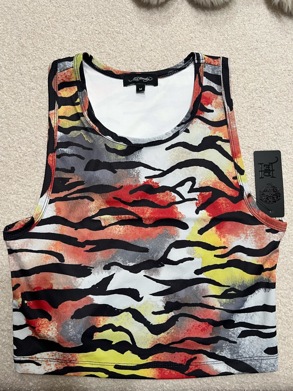 Ed Hardy Black-Striped Multicolor Tiger Tank Top — Red Yellow Gray